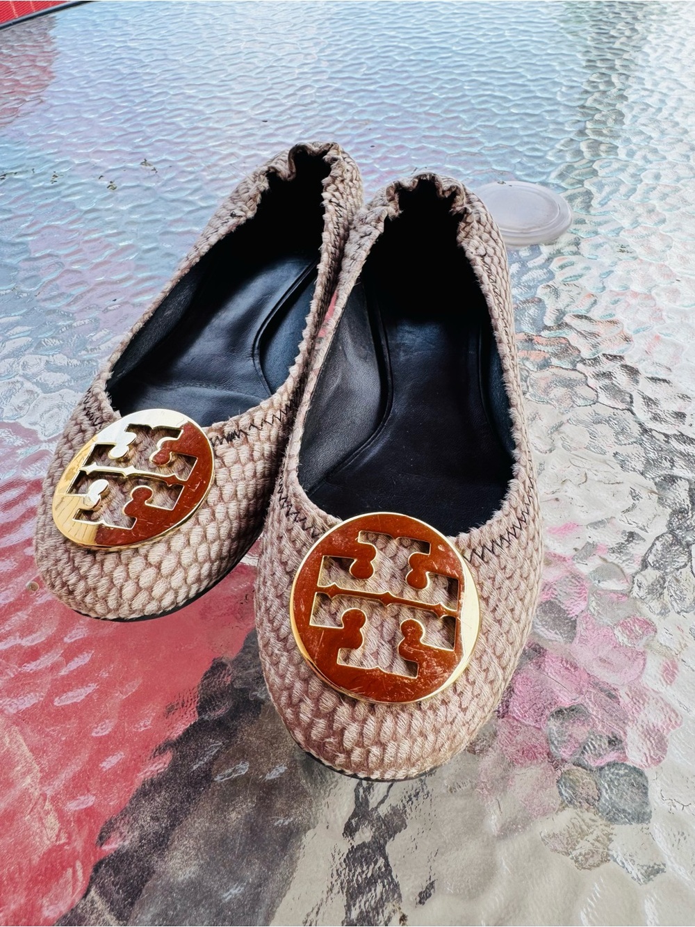 Tory Burch Beige Woven Reva Ballet Flats with Gold Logo